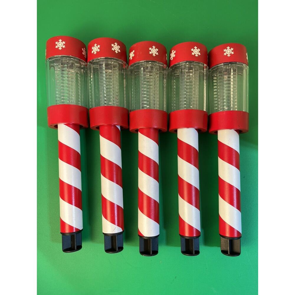 Christmas Holiday Solar Snowflake Candy Cane Outdoor Stake Lights Set Of 5